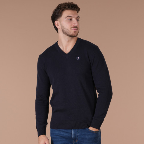 Pull bleu marine col V Ruckfield Essentiel - GOTS