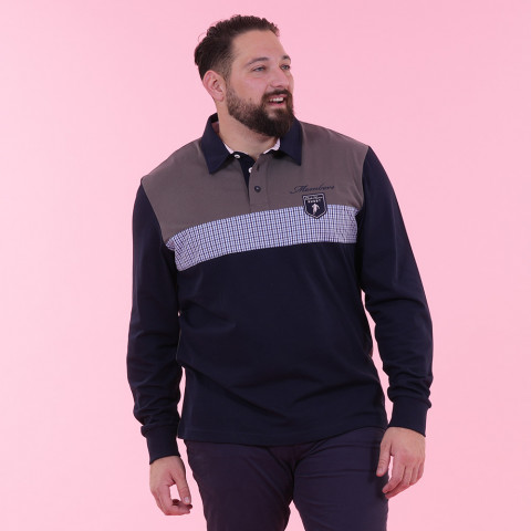 Members Club House Rugby Ruckfield brown, navy and gingham two-tone long-sleeved polo shirt