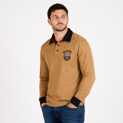 Polo à manches longues Ruckfield Maori Rugby beige foncé
