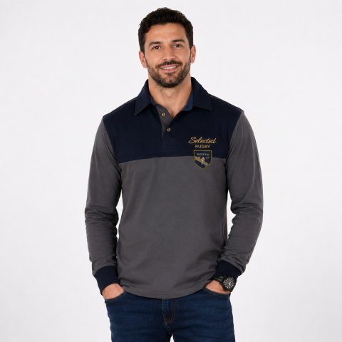 Polo à manches longues Ruckfied Selected Rugby bleu marine 