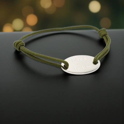 Bracelet cordon kaki Médaillon ovale gravé "Papa je t’aime"