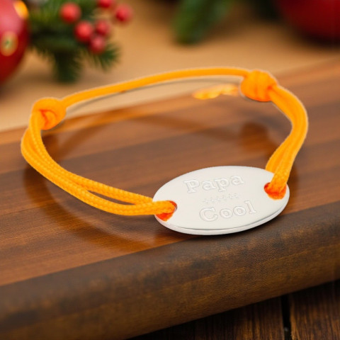 Bracelet cordon orange Médaillon ovale gravé "Papa cool"