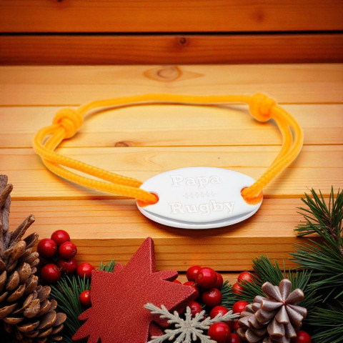 Bracelet cordon orange médaillon ovale gravé "papa rugby"