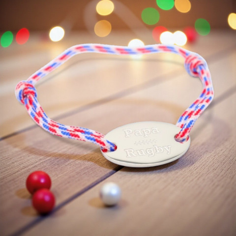 Bracelet cordon médaillon ovale gravé "papa rugby"