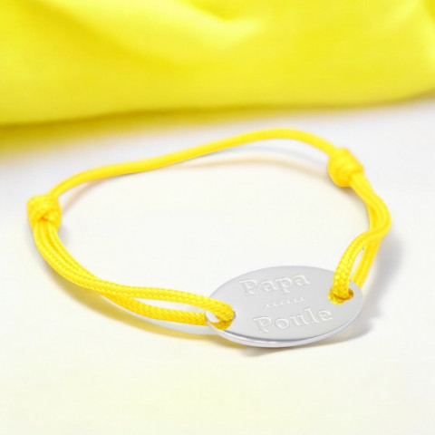 Bracelet cordon jaune Médaillon ovale gravé "Papa Poule"