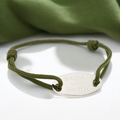 Bracelet cordon kaki Médaillon ovale gravé "Papa Poule"