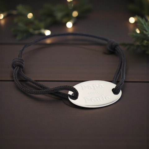 Bracelet cordon noir Médaillon ovale gravé "Papa Poule"