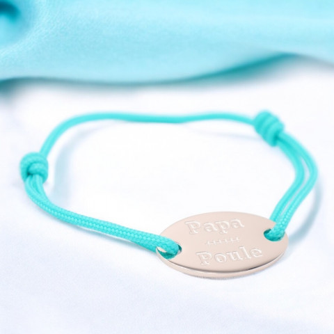Bracelet cordon turquoise Médaillon ovale gravé "Papa Poule"