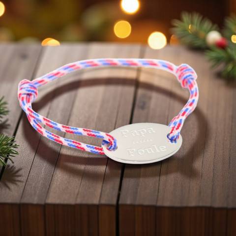 Bracelet cordon bleu, blanc, rouge Médaillon ovale gravé "Papa Poule"