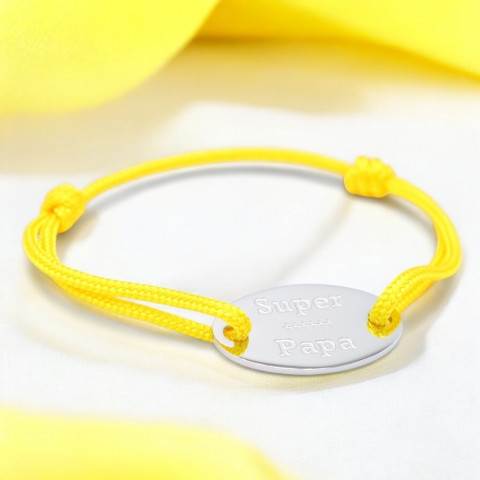 Bracelet cordon jaune Médaillon ovale gravé "Super Papa"