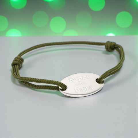 Bracelet cordon kaki Médaillon ovale gravé "Super Papa"
