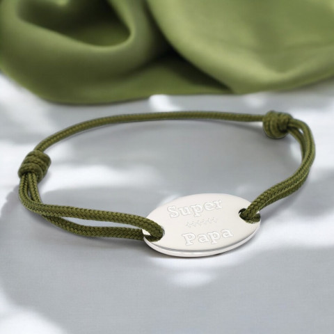 Bracelet cordon kaki Médaillon ovale gravé "Super Papa"