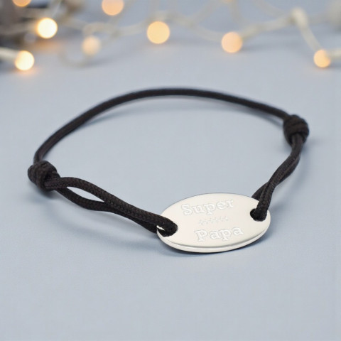 Bracelet cordon noir Médaillon ovale gravé "Super Papa"