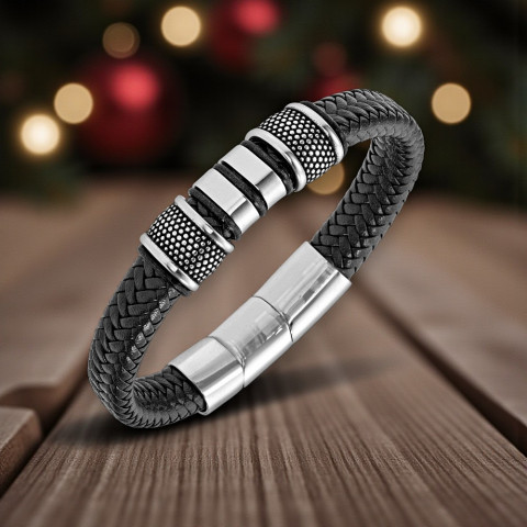 Bracelet Ruckfield en cuir tressé noir