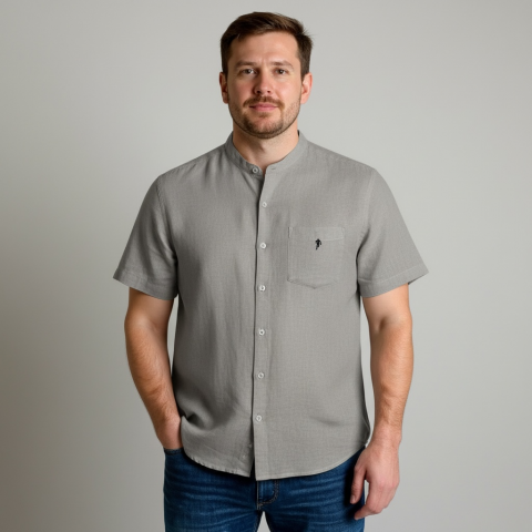 Ruckfield khaki linen shirt with mao collar 