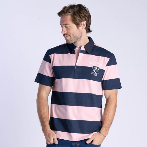 WEBB ELLIS navy blue and pink striped short-sleeved polo shirt