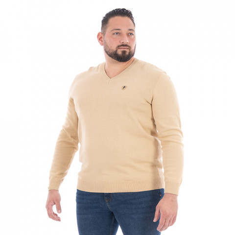 Pull beige foncé col V Ruckfield Essentiel - GOTS