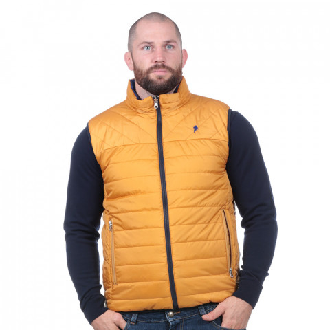 Reversible blue/yellow sleeveless down jacket