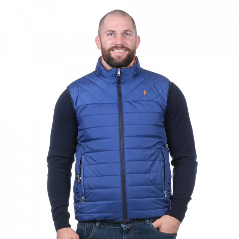Reversible blue/yellow sleeveless down jacket