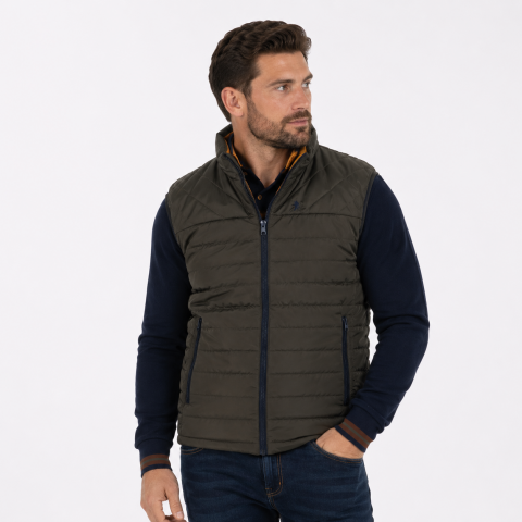 Reversible sleeveless down jacket khaki/mustard