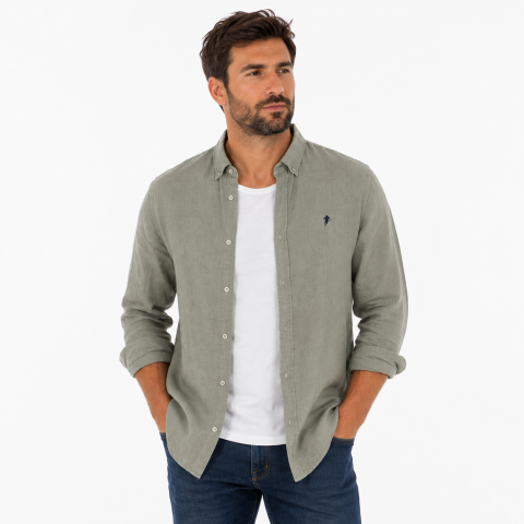 Ruckfield long-sleeved khaki linen shirt