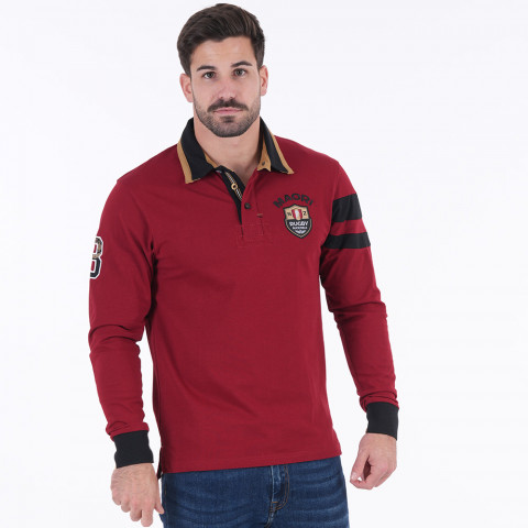 Long-sleeved polo shirt Ruckfield dark red Maori Rugby