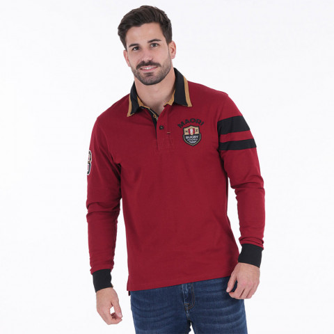 Long-sleeved polo shirt Ruckfield dark red Maori Rugby