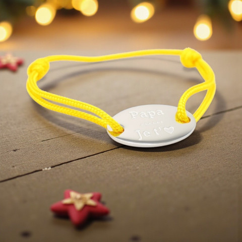 Yellow cord bracelet Engraved oval medallion "Papa je t'aime" (Daddy I love you)