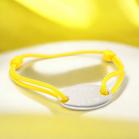Yellow cord bracelet Engraved oval medallion "Papa je t'aime" (Daddy I love you)