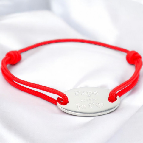 Red cord bracelet Engraved oval medallion "Papa je t'aime" (Daddy I love you)