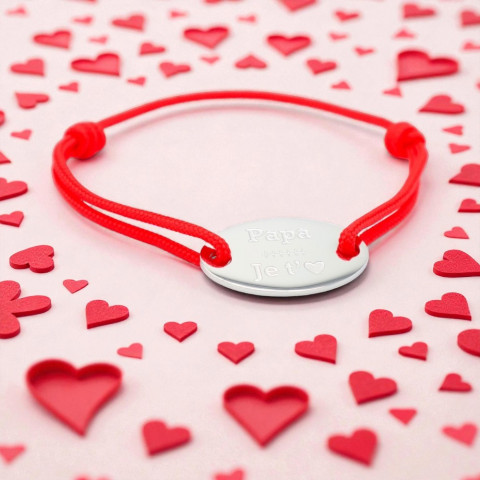Red cord bracelet Engraved oval medallion "Papa je t'aime" (Daddy I love you)