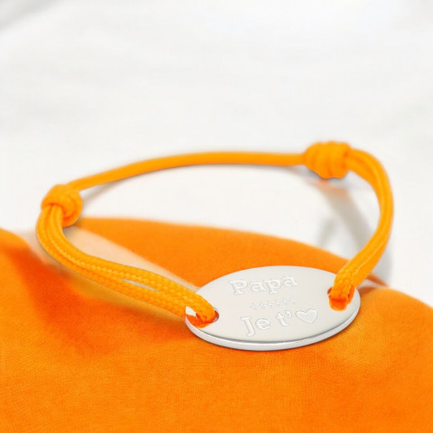 Orange cord bracelet Engraved oval medallion "Papa je t'aime" (Daddy I love you)
