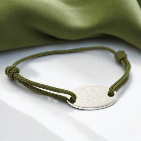 Khaki cord bracelet Oval medallion engraved "Papa je t'aime" (Daddy I love you)
