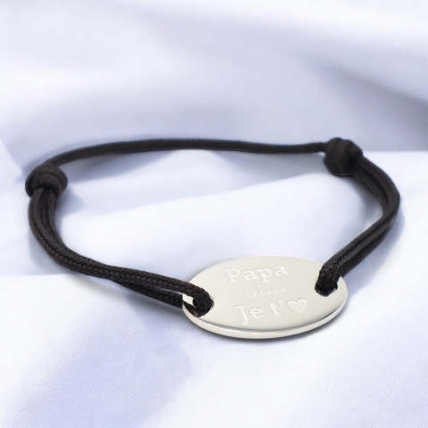 Black cord bracelet Oval medallion engraved "Papa je t'aime" (Daddy I love you)