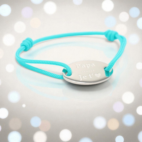 Turquoise cord bracelet Engraved oval medallion "Papa je t'aime" (Daddy I love you)