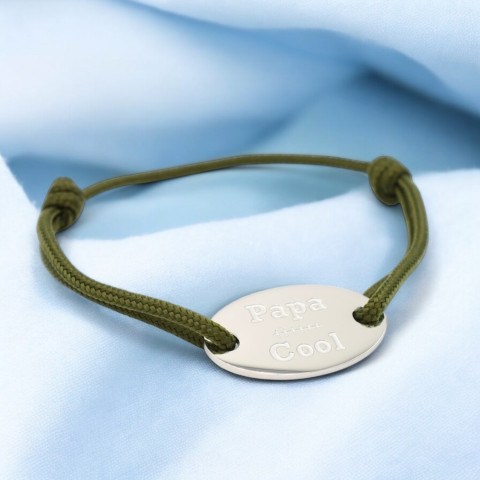 Khaki cord bracelet Oval medallion engraved "Papa cool".