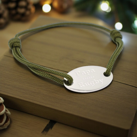 Cord bracelet khaki with oval medallion engraved "papa rugby".