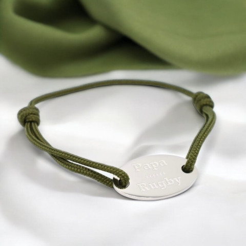 Cord bracelet khaki with oval medallion engraved "papa rugby".