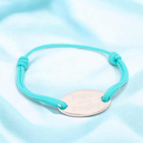 Cord bracelet turquoise oval medallion engraved "papa rugby".