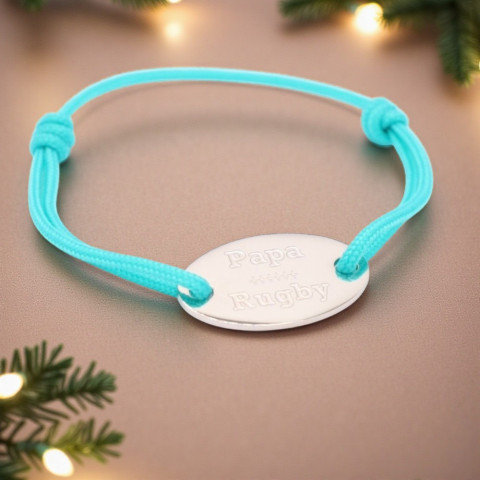 Cord bracelet turquoise oval medallion engraved "papa rugby".