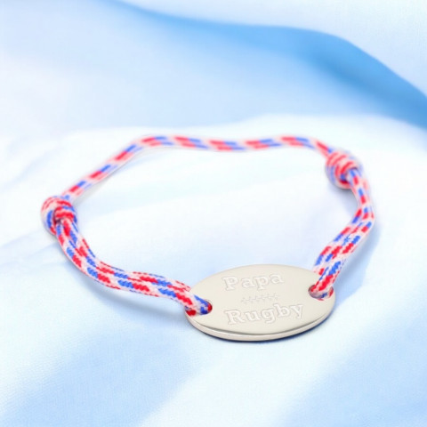 Cord bracelet with oval medallion engraved "papa rugby".