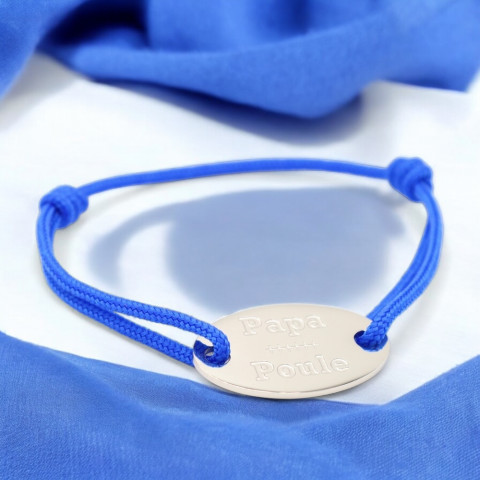 Blue cord bracelet "Papa Poule" engraved oval medallion