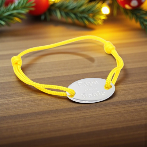 Yellow cord bracelet "Papa Poule" engraved oval medallion
