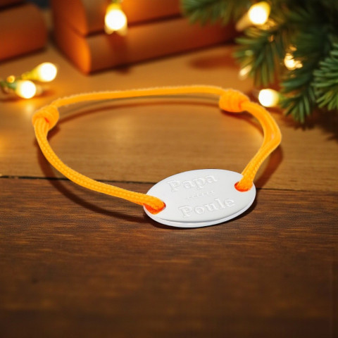 Orange cord bracelet "Papa Poule" engraved oval medallion