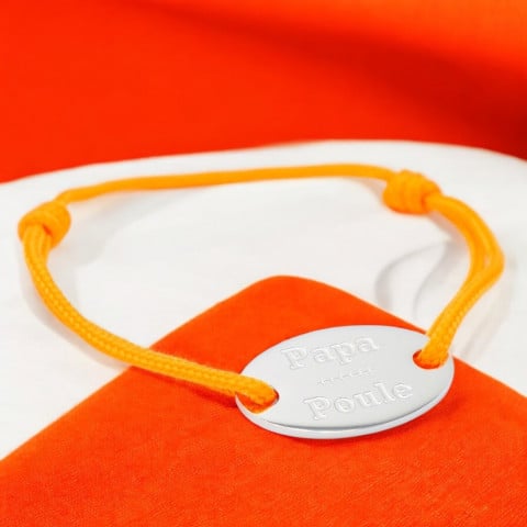 Orange cord bracelet "Papa Poule" engraved oval medallion