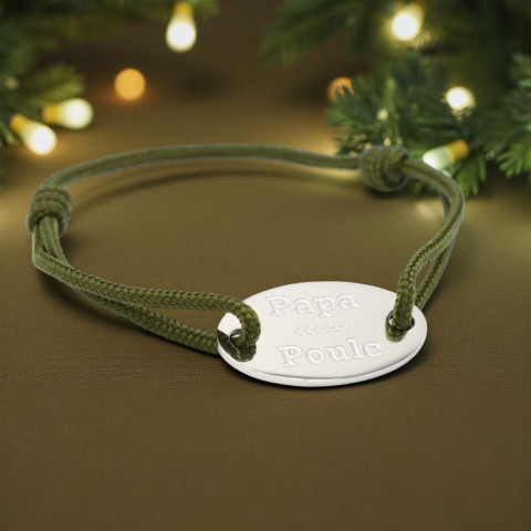 Khaki cord bracelet "Papa Poule" engraved oval medallion
