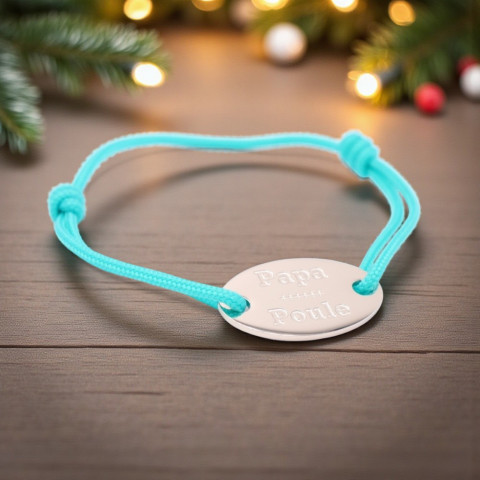 Turquoise cord bracelet "Papa Poule" engraved oval medallion