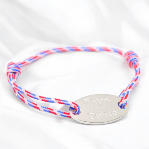 Blue, white and red cord bracelet "Papa Poule" engraved oval medallion