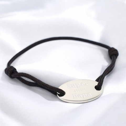 Black cord bracelet Oval medallion engraved "Super Papa".