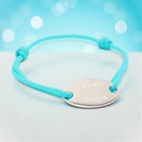 Turquoise cord bracelet Oval medallion engraved "Super Papa".